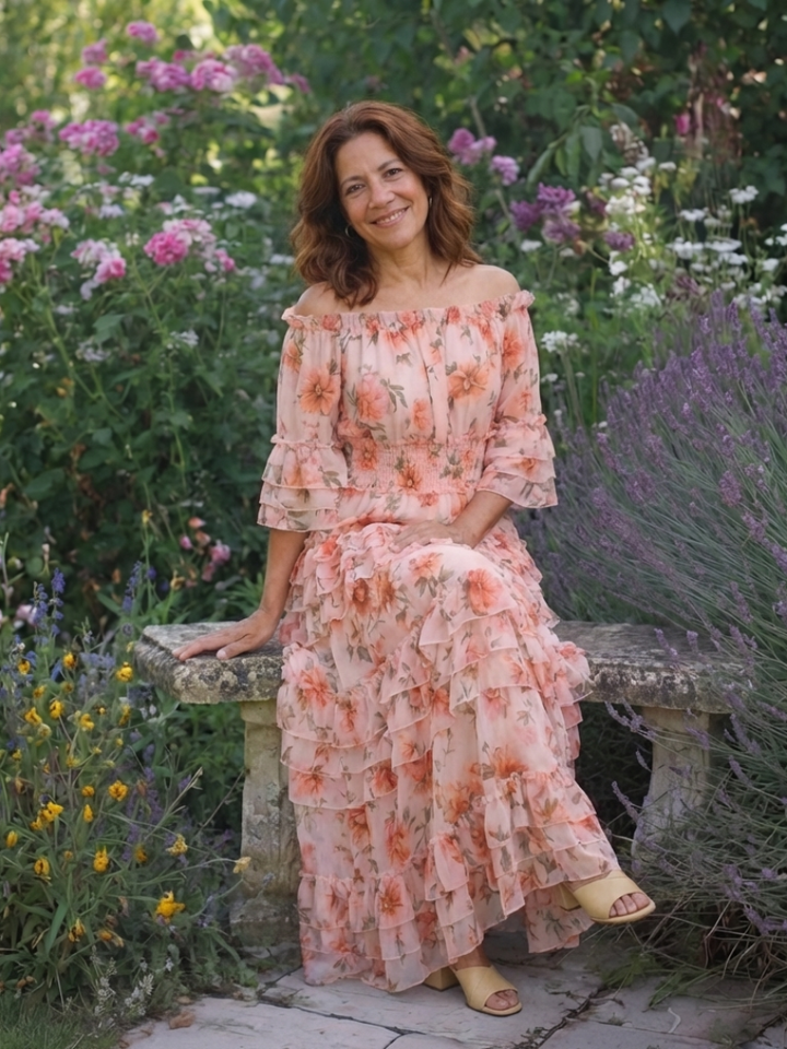 Rosalie | Robe Maxi à Volants Florale à Épaules Dégagées