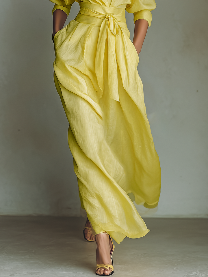 Robe Maxi Chemise Femme En Jaune Citron Mélange De Coton Et De Lin Avec Ceinture À Nouer & Manches Mi-Longues MDZ2884A4T
