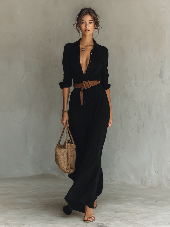 Robe maxi à col revers manches longues