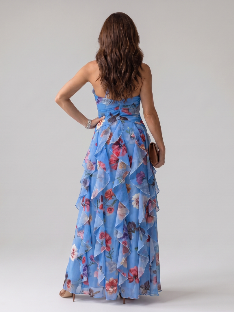 Nori | Robe Maxi à Encolure Halter et Corsage Froncé Floral