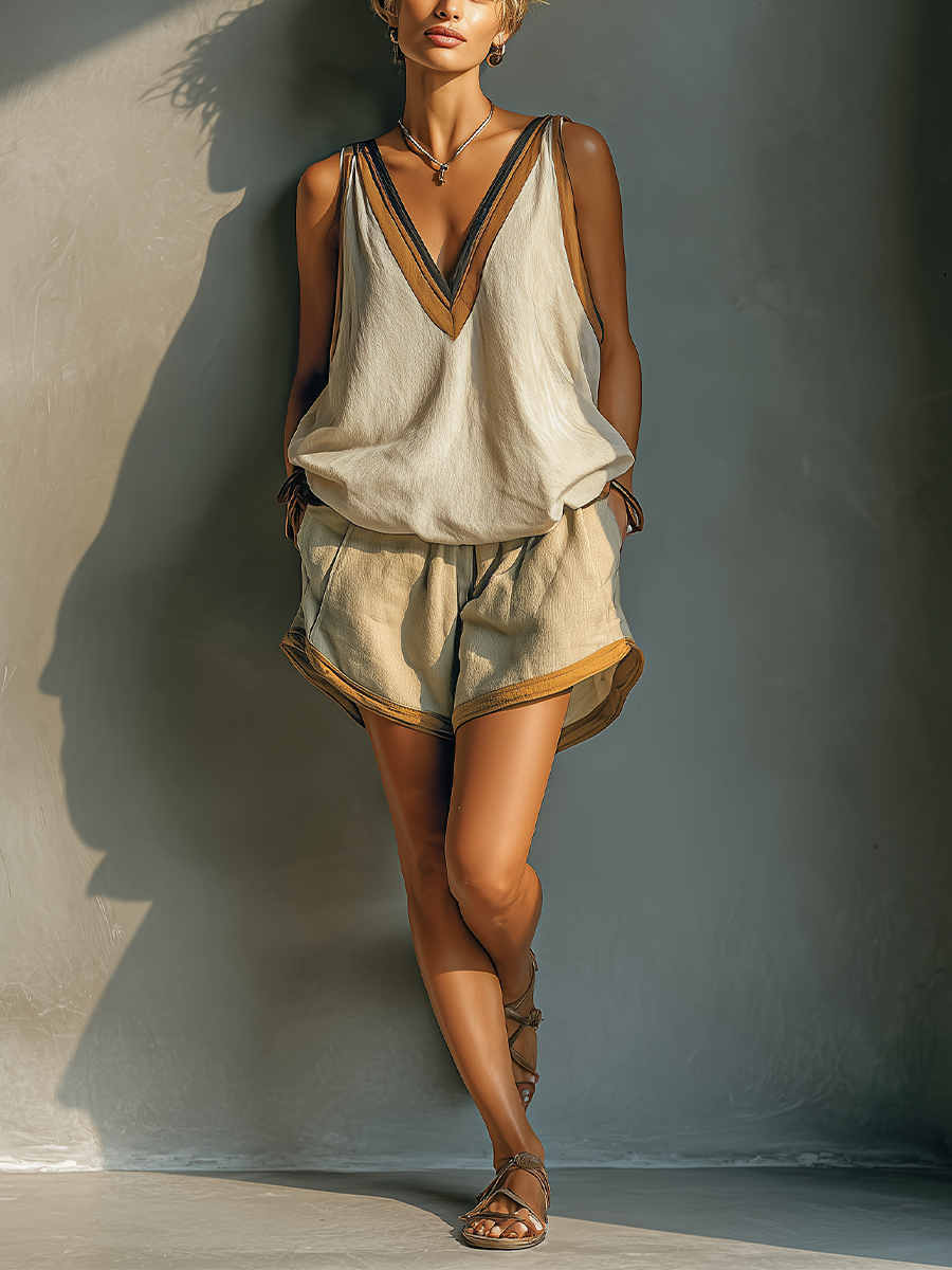 Femme Beige Mélange Lin Contrast Col V Débardeur & Short Kaki Deux-Pièces MDZ2086C2T