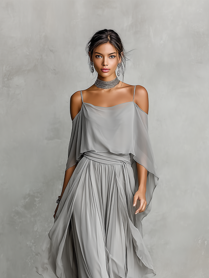 Ensemble Chiffon Respirant Grise pour Femmes avec Détail Épaule Dénudée & Silhouette Évasée, Style Féminin Luxe Contemporain MDZ2651B6I