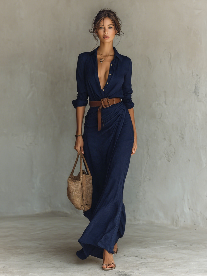 Robe maxi à col revers manches longues