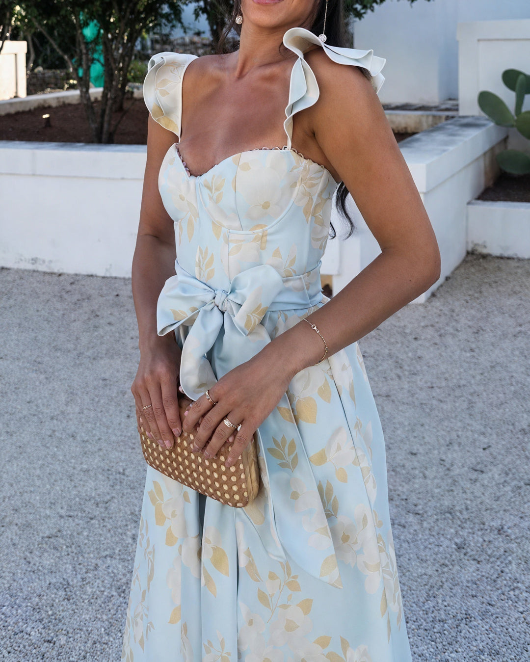 Robe Midi Florale avec Nœud et Fente Avant