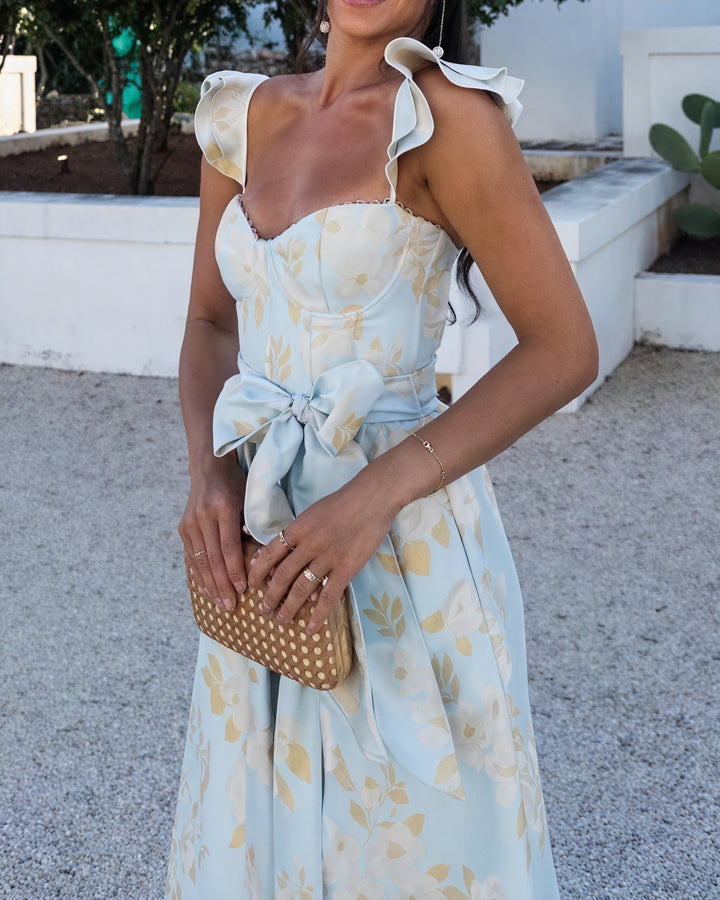 Robe Midi Florale avec Nœud et Fente Avant