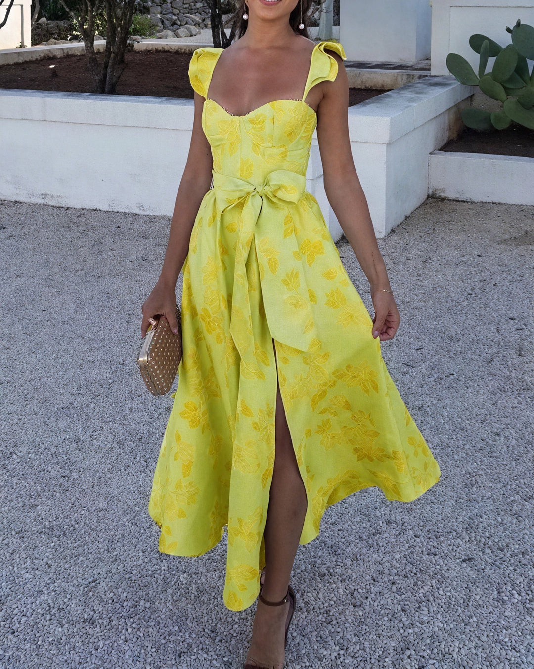 Robe Midi Florale avec Nœud et Fente Avant
