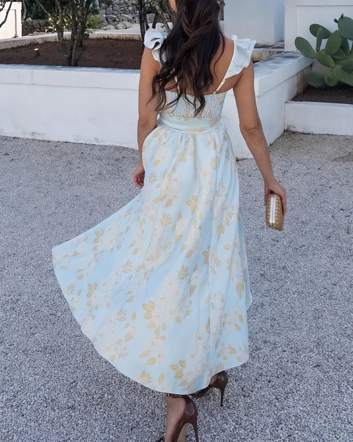 Robe Midi Florale avec Nœud et Fente Avant
