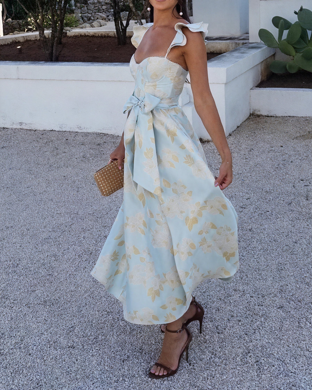 Robe Midi Florale avec Nœud et Fente Avant