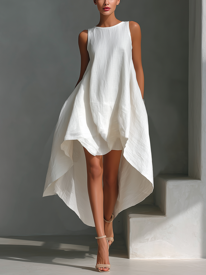 Robe Midi Sans Manches en Lin Blanc pour Femmes avec Col Ronde & Ourlet Asymétrique MDZ0987B9T