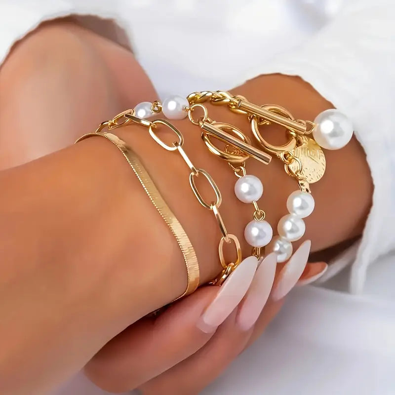 Élégant ensemble de bracelet en or 4 pièces – Serpent, perles et maillons