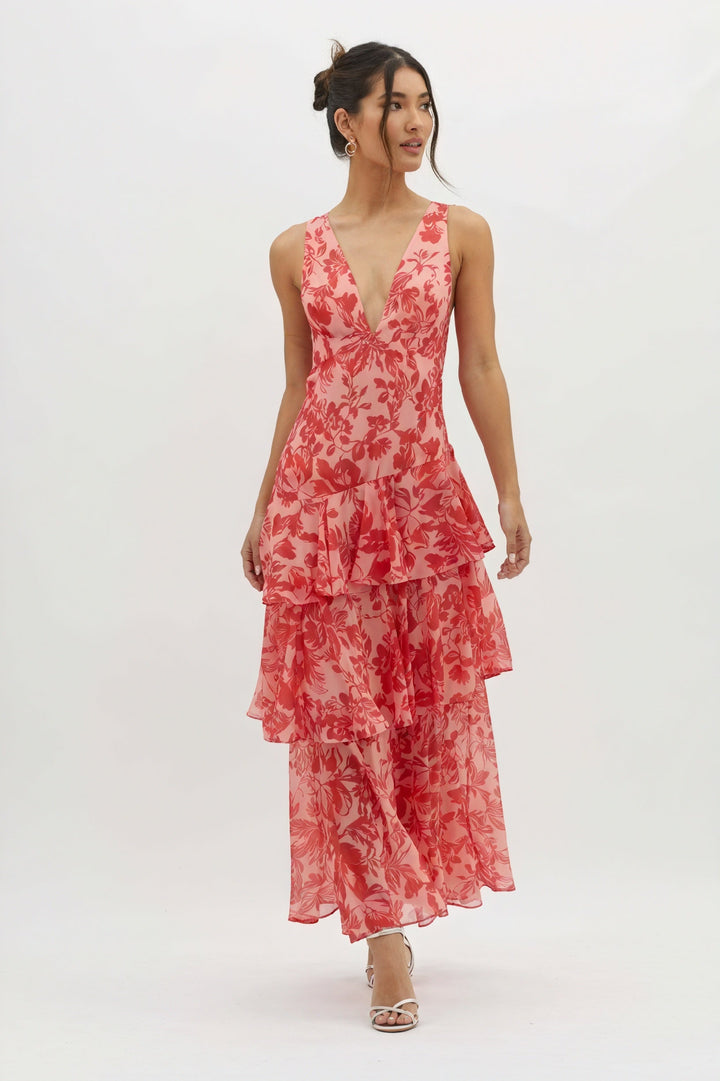 Robe avec Imprimé Floral et Décolleté Profond