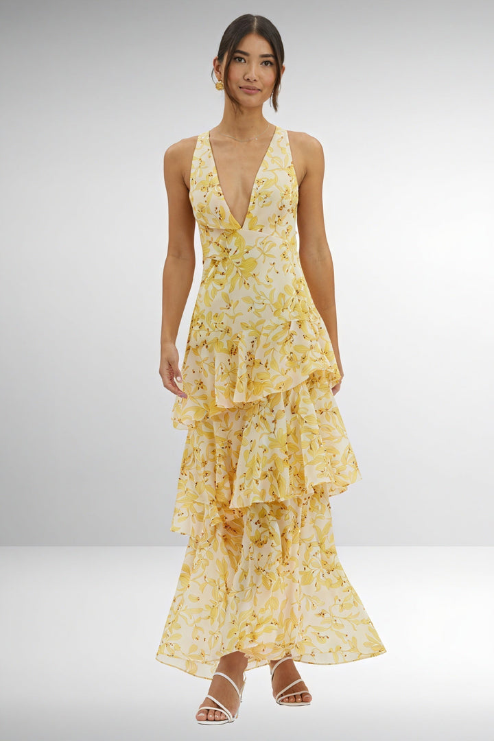 Robe avec Imprimé Floral et Décolleté Profond