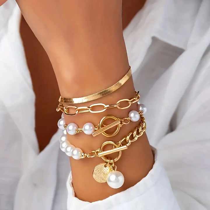 Élégant ensemble de bracelet en or 4 pièces – Serpent, perles et maillons