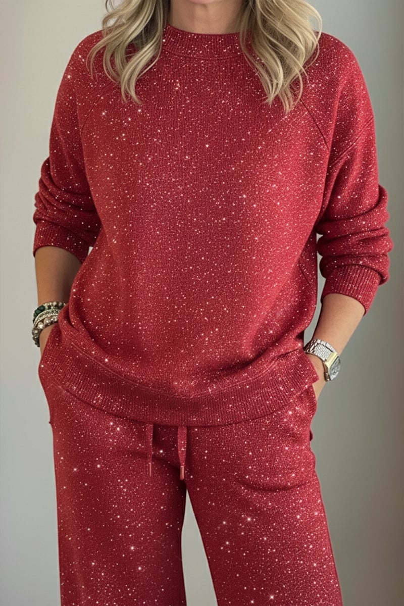 Viviana | Col rond, brillant, couleur uniforme, ensemble décontracté