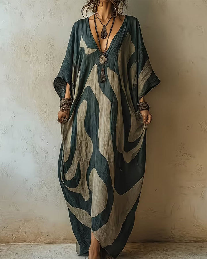 Valériane - Robe Longue et Ample avec Décolleté en V et Motif Abstrait