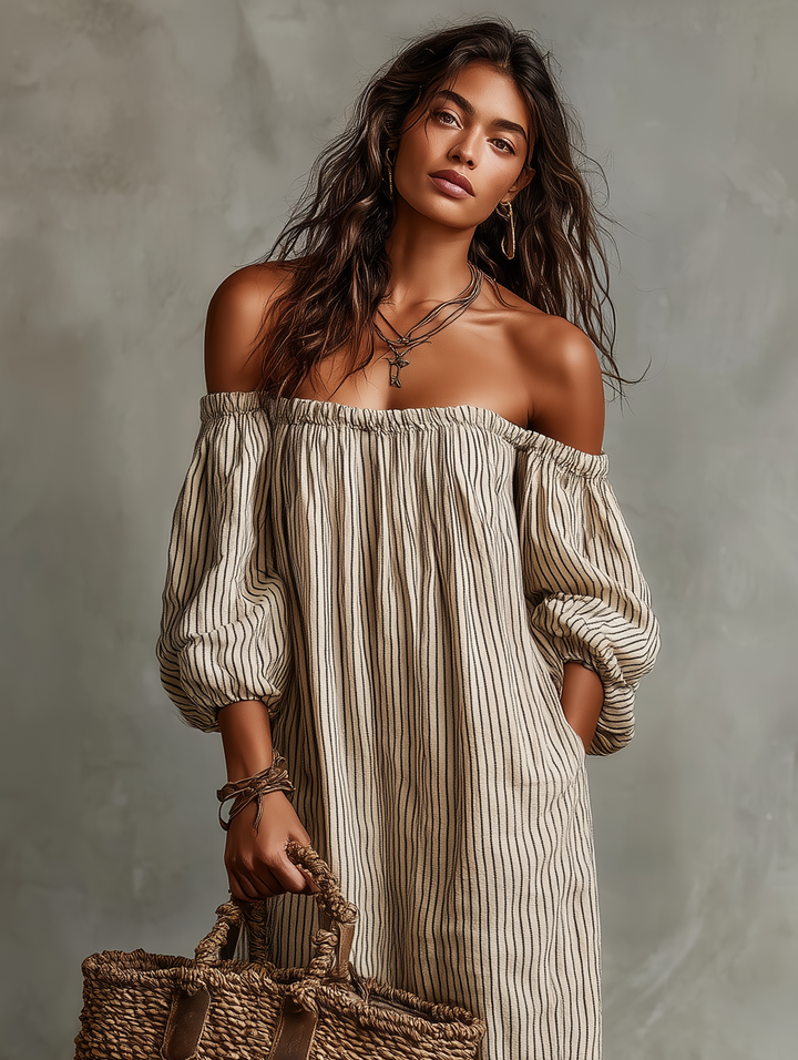 Robe Maxi à Manches Longues en Mélange Coton-Lin pour Femmes, Style Vacances, Épaules Dénudées MDZ0481B5Y