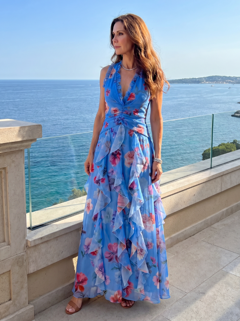 Nori | Robe Maxi à Encolure Halter et Corsage Froncé Floral