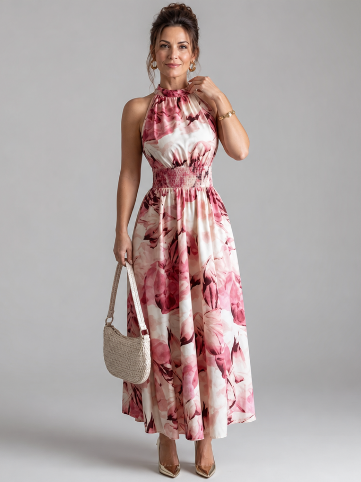 Olivia | Robe midi à taille froncée avec imprimé abstrait