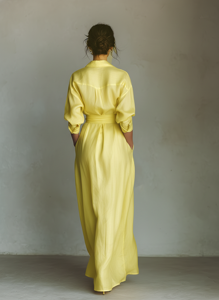 Robe Maxi Chemise Femme En Jaune Citron Mélange De Coton Et De Lin Avec Ceinture À Nouer & Manches Mi-Longues MDZ2884A4T