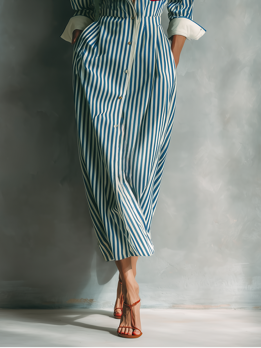Robe Chemise Rayée En Mélange De Coton Bleu Et Blanc Pour Femmes Avec Poche Rouge MDZ1286C2T