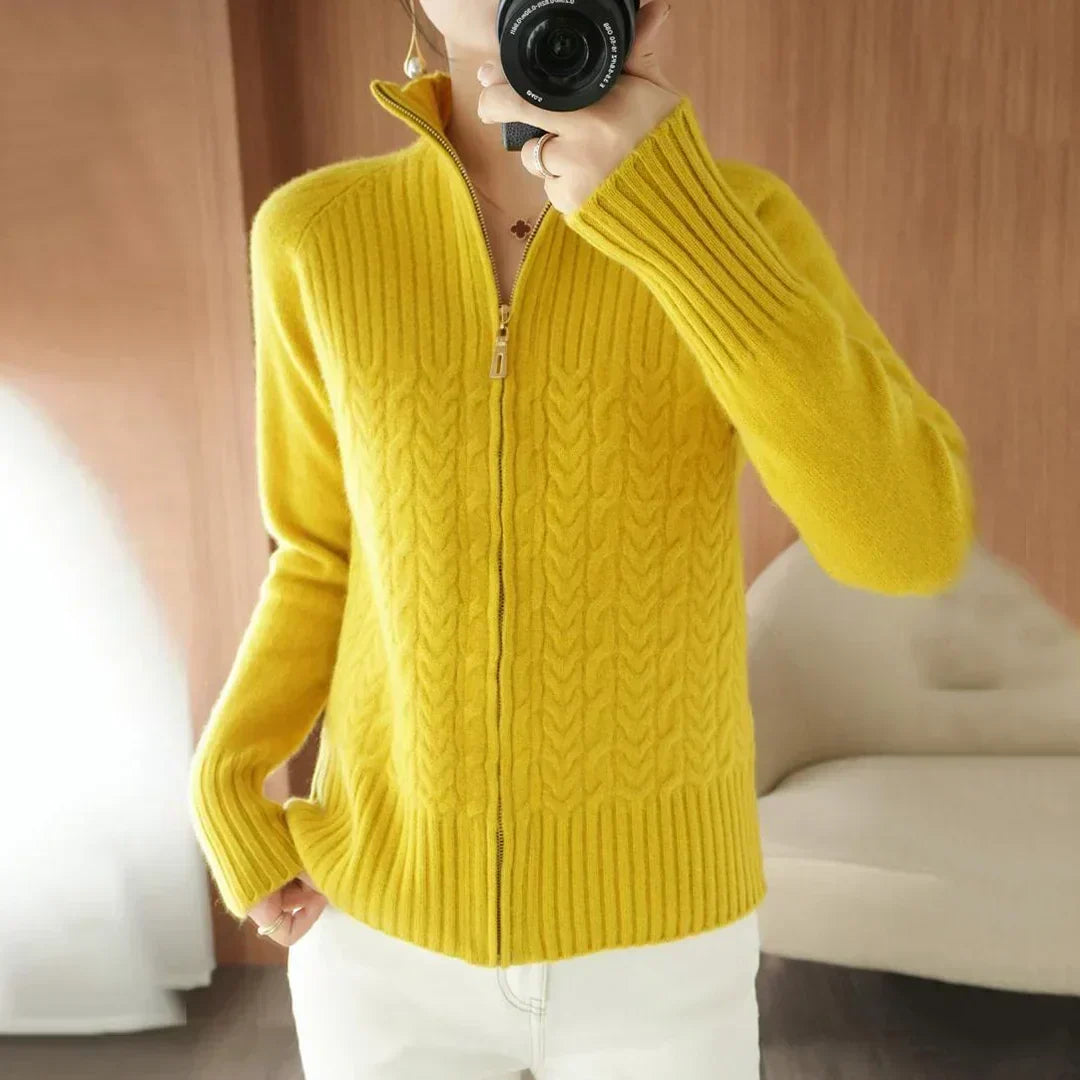Mila - Pull en tricot couleur pêche avec fermeture éclair et décolleté en V