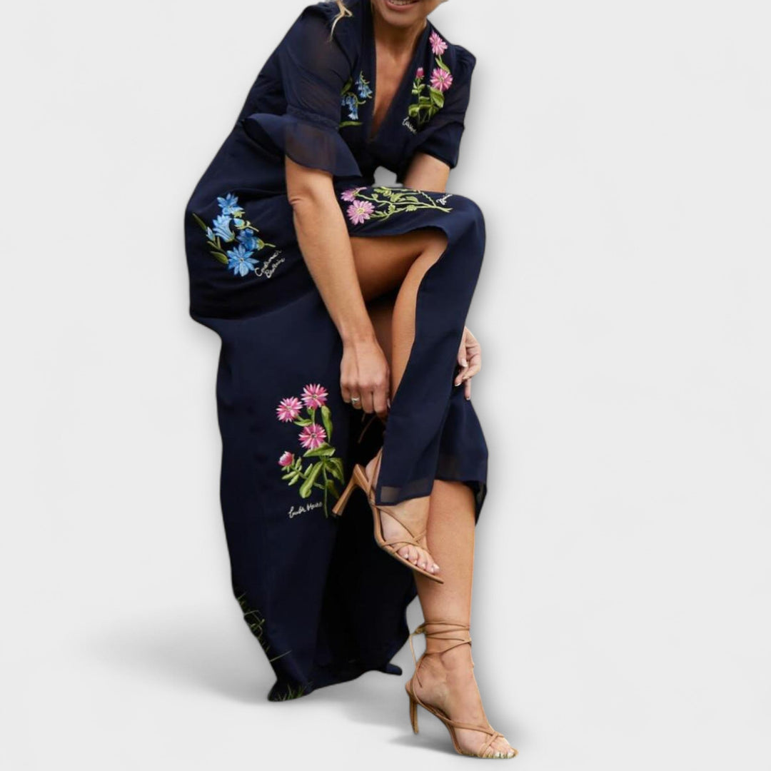 Béatrice - Élégante robe bleu marine avec broderie florale