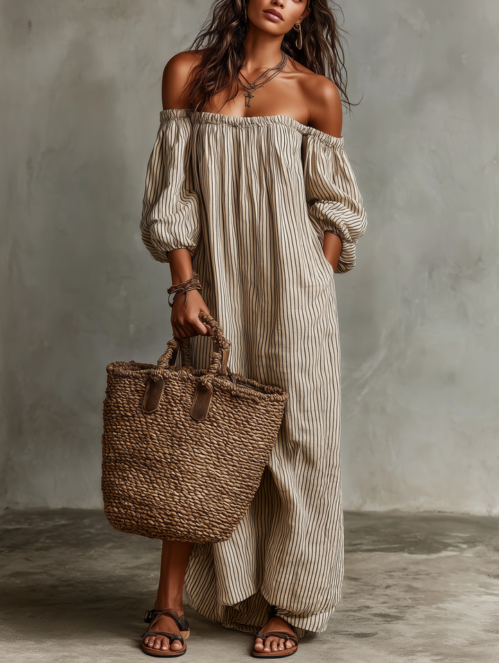 Robe Maxi à Manches Longues en Mélange Coton-Lin pour Femmes, Style Vacances, Épaules Dénudées MDZ0481B5Y