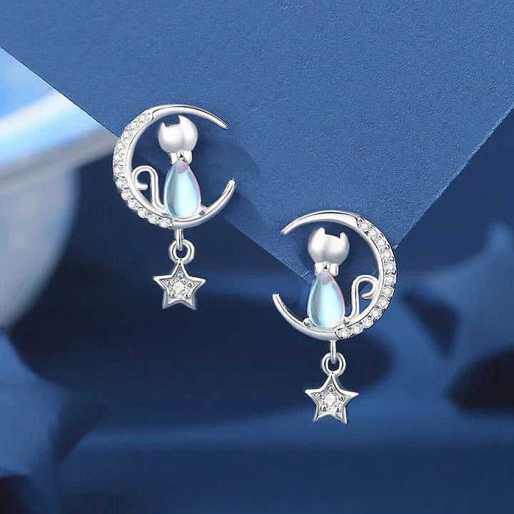 Boucles d'oreilles en argent sterling 925 avec chat, lune et étoile, ornées de zirconia.