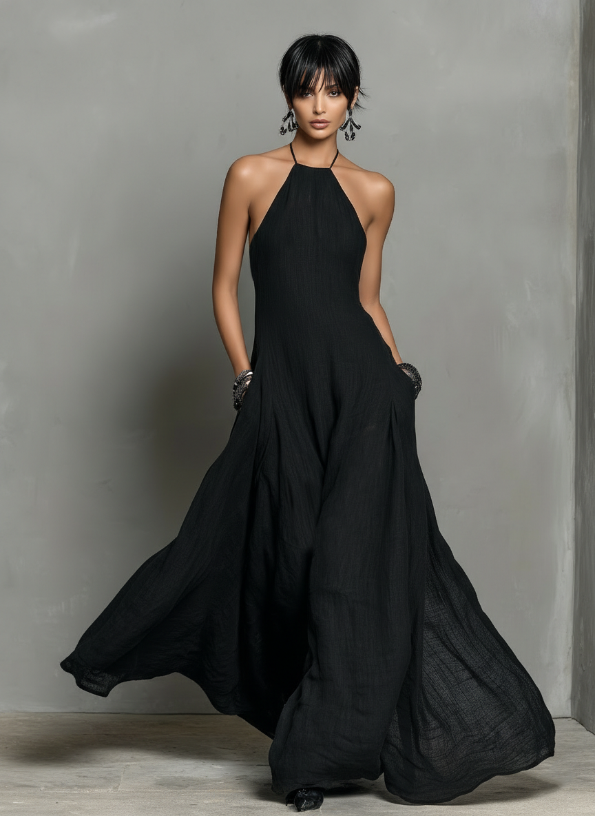 Robe Maxi Sans Manches en Mélange de Lin Minimaliste pour Femmes MDZ2210A0Y