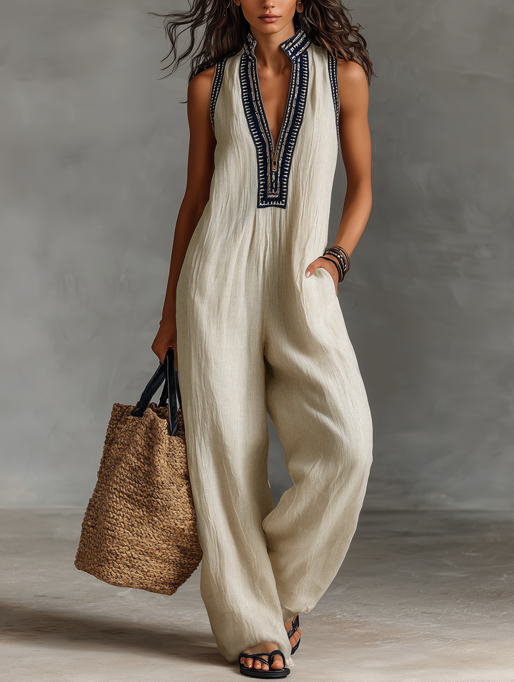 Combinaison sans manches en mélange de lin minimaliste pour femmes avec fermeture éclair et col montant, avec broderie MDZ0627B3Y