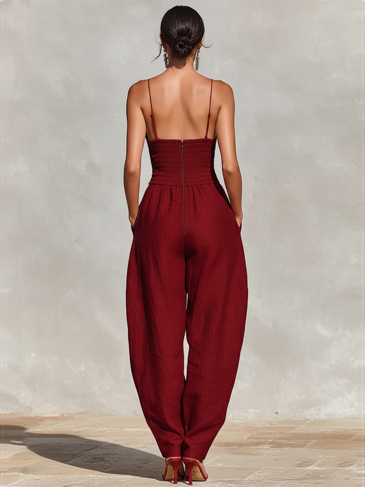 Combinaison en Lin Rouge pour Femmes avec Bretelles Spaghetti & Pantalon Plissé Taille Haute, Style Élégant et Romantique Intemporel MDZ1915C8I