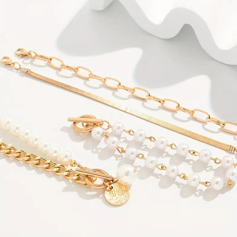Élégant ensemble de bracelet en or 4 pièces – Serpent, perles et maillons