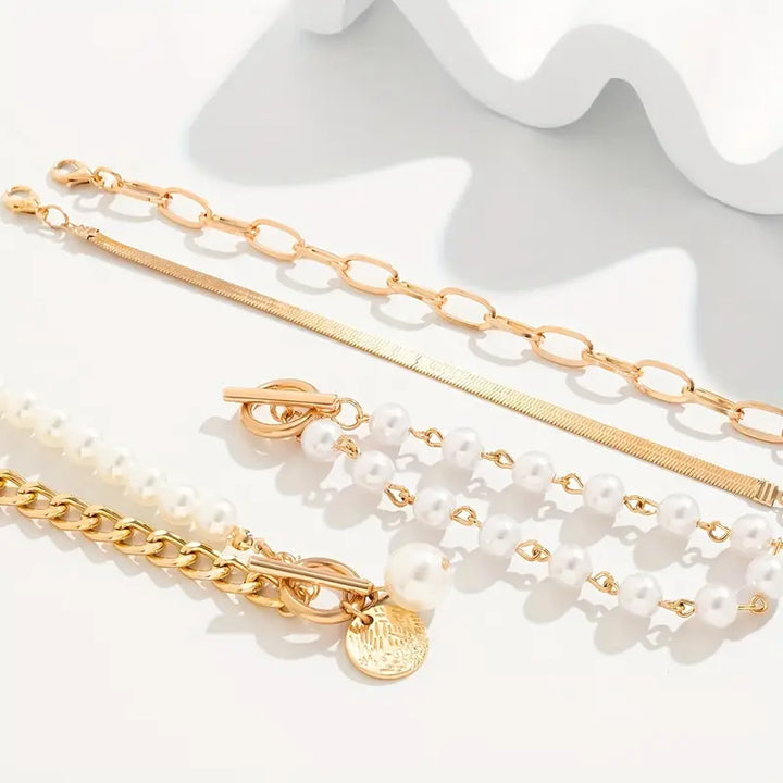 Élégant ensemble de bracelet en or 4 pièces – Serpent, perles et maillons