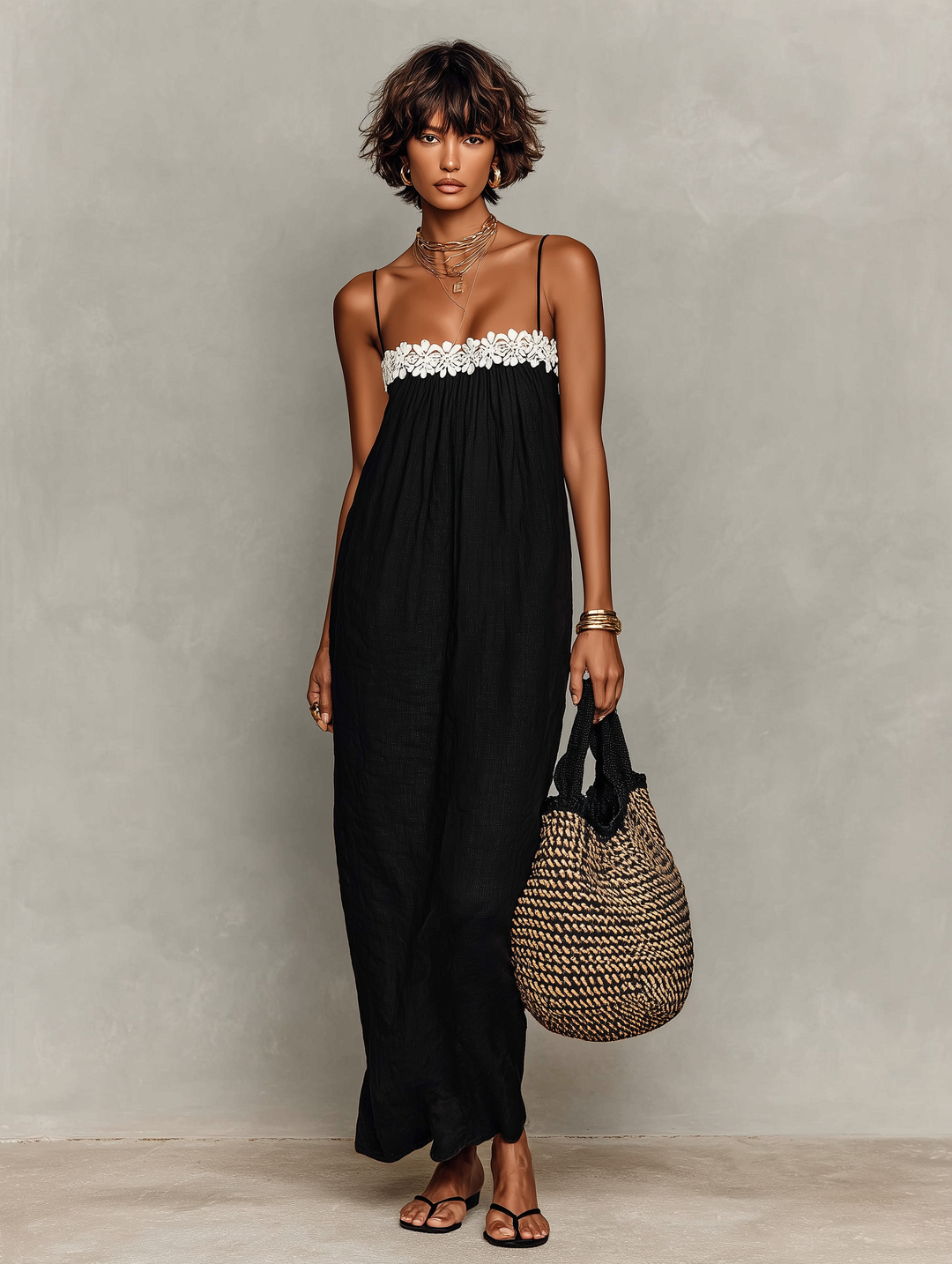 Robe Maxi Sans Manches en Mélange de Lin Minimaliste pour Femmes avec Bretelles Spaghetti MDZ1926C9Y