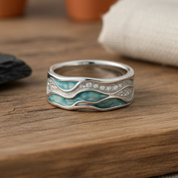 Bague en Argent aux Vagues Turquoise