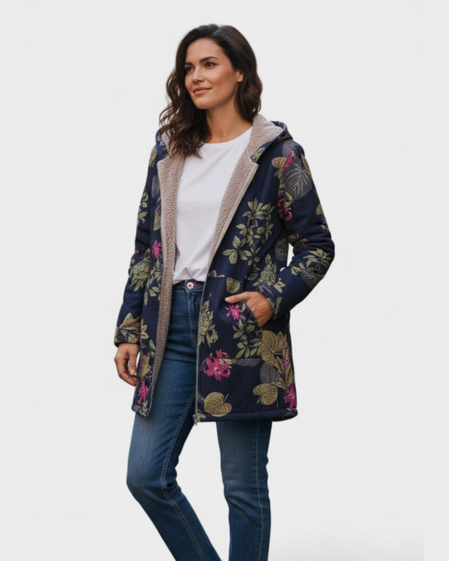 Aurora - Manteau Bleu Marine avec Motif Floral
