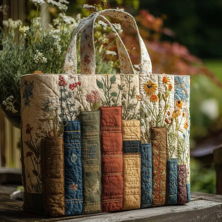 Sac en tissu matelassé fait main - Livres et Fleurs