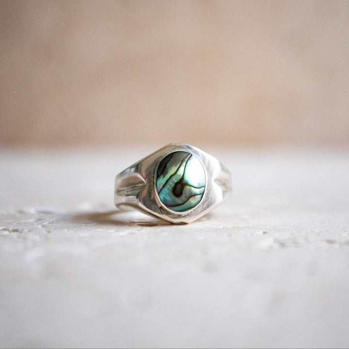 Grande Bague Sceau en Coquille d'Abalone en Argent Sterling 925 - Bague en Mère de Perle, Bague Statement bleue faite à la main