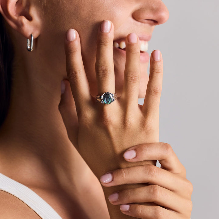 Grande Bague Sceau en Coquille d'Abalone en Argent Sterling 925 - Bague en Mère de Perle, Bague Statement bleue faite à la main