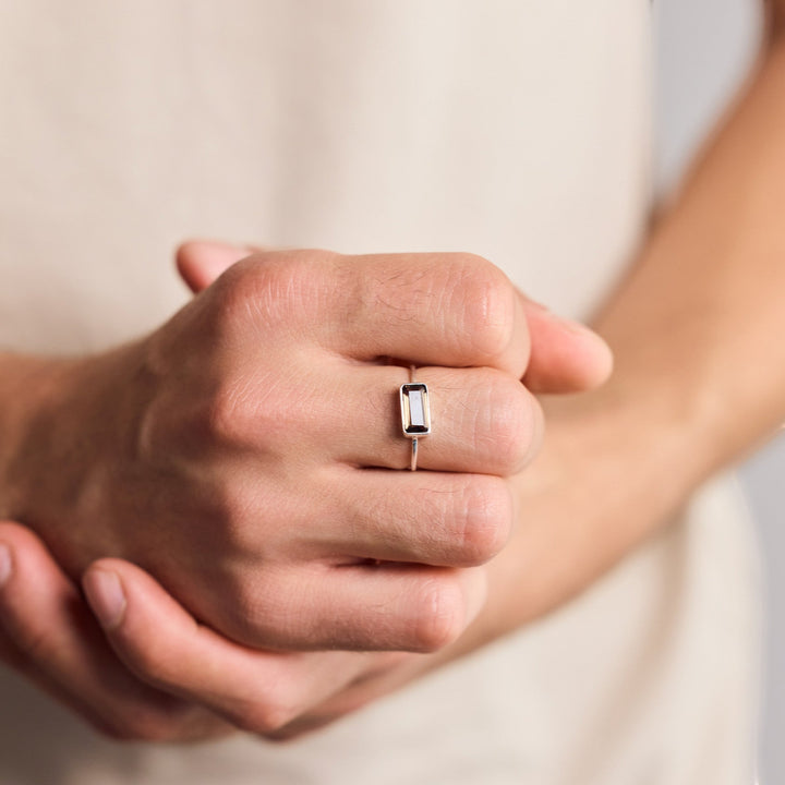 Bague en quartz fumé carrée brune foncée en argent sterling 925