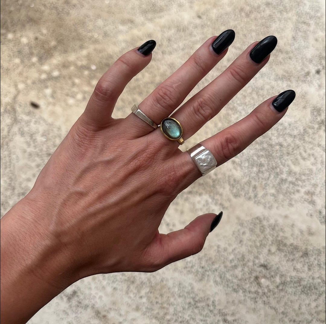 Bague de sceau large et carrée en argent sterling 925 avec perle d'eau douce naturelle
