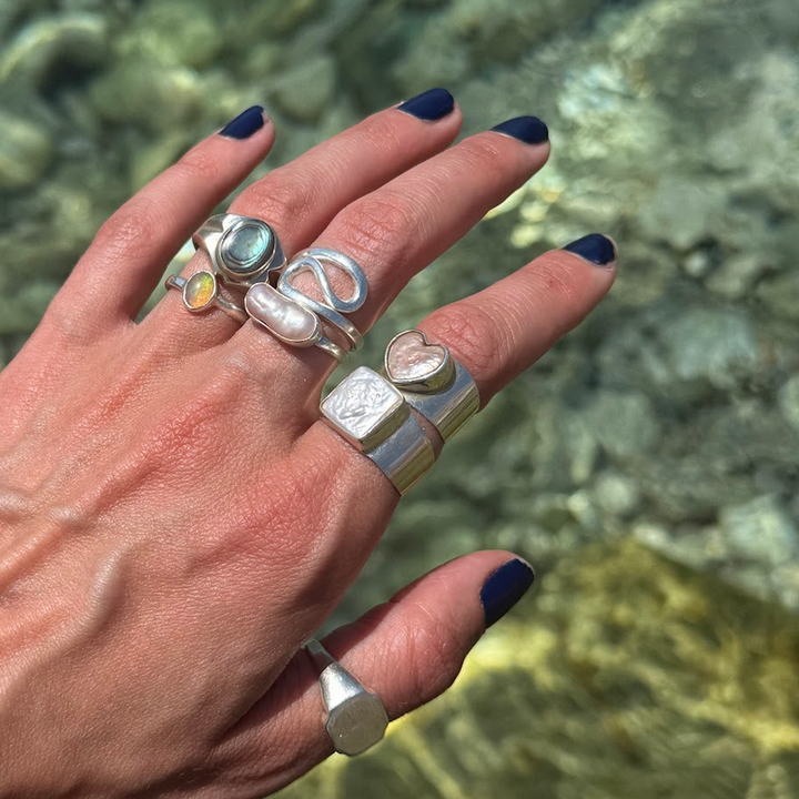 Grande Bague Sceau en Coquille d'Abalone en Argent Sterling 925 - Bague en Mère de Perle, Bague Statement bleue faite à la main
