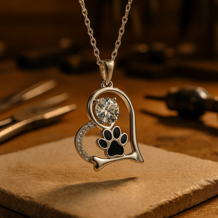 Collier en os et empreinte de patte de chien fait main avec zirconia