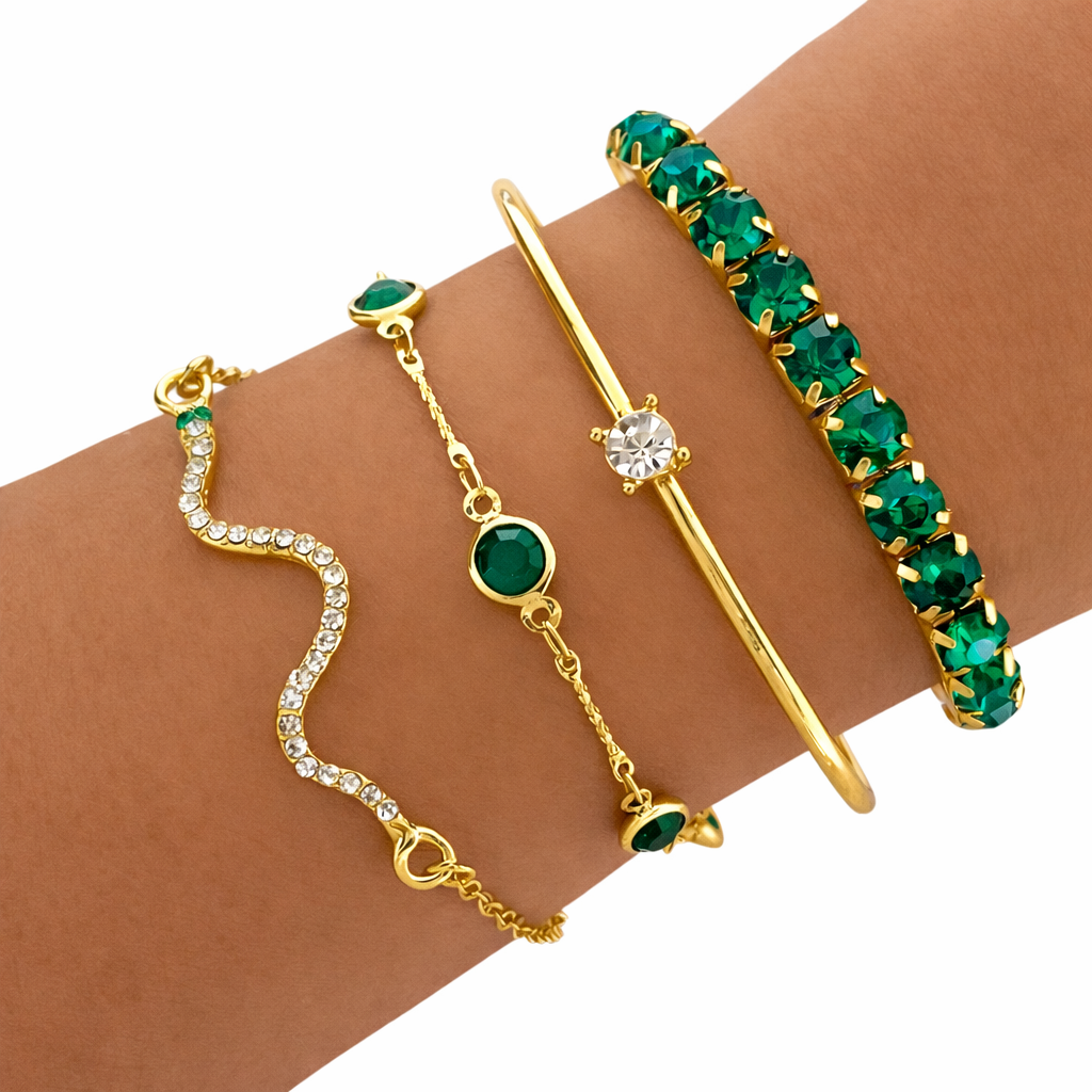 Luna | Ensemble de bracelets vintage verts élégants avec des cristaux