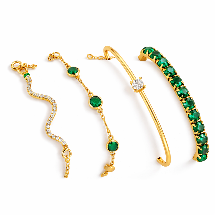 Luna | Ensemble de bracelets vintage verts élégants avec des cristaux