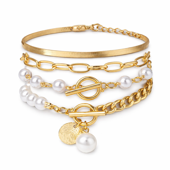 Ensemble de bracelets chics en or (4 pièces) – serpent, perles et maillons
