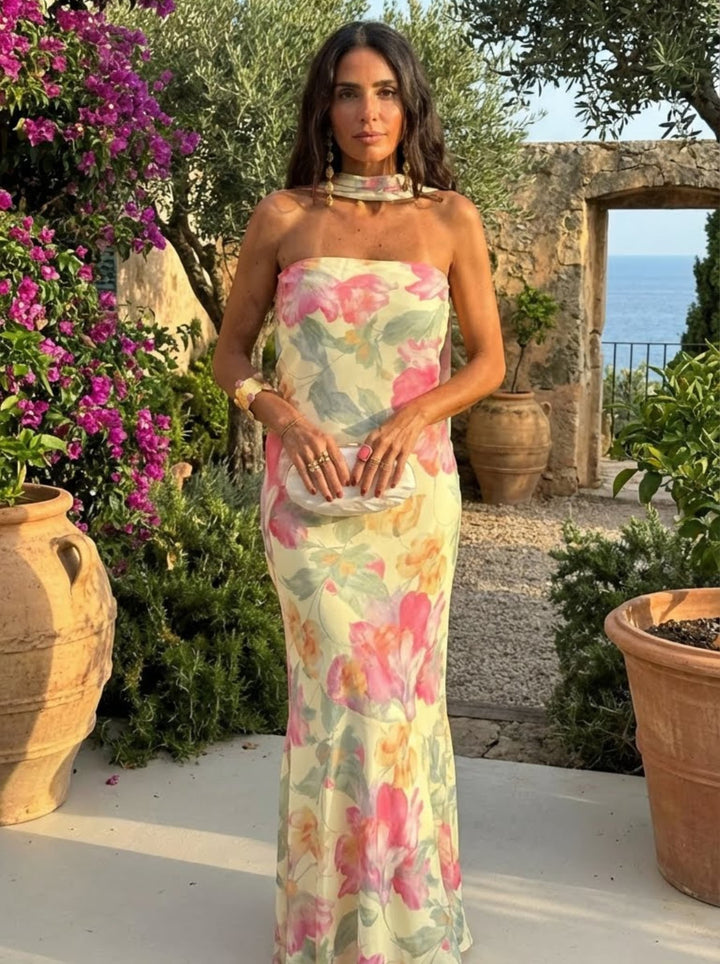 Wilma │Robe Longue Sans Bretelles Fleurs Aquarelle