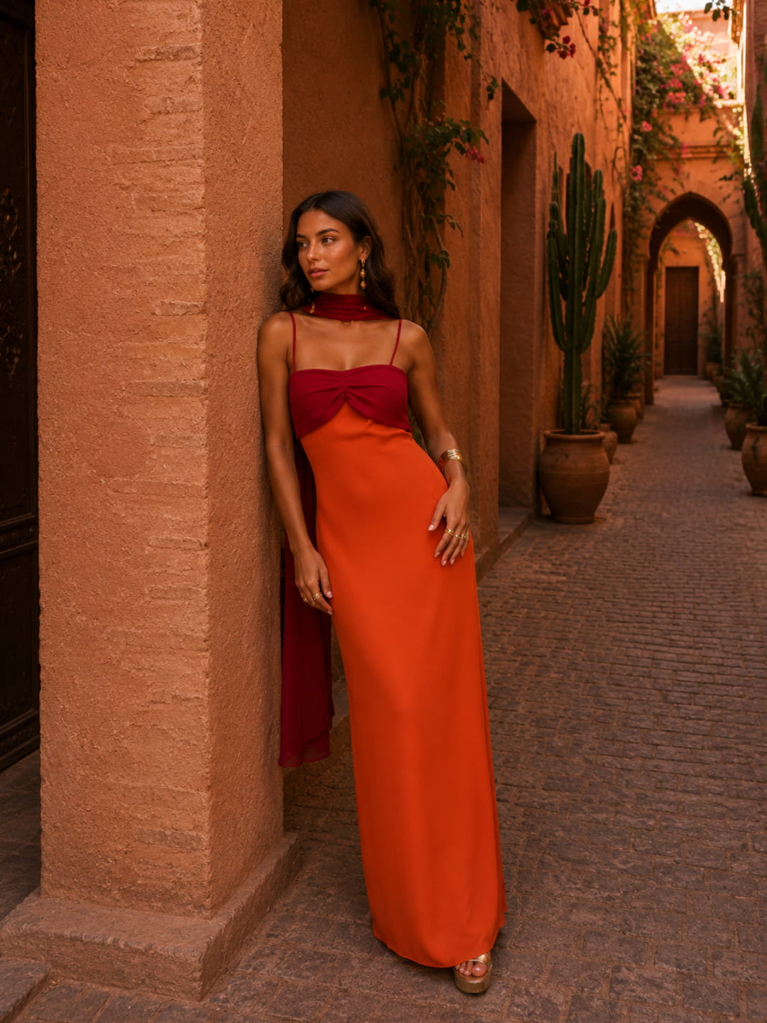 Robe Drapée Bicolore Longue