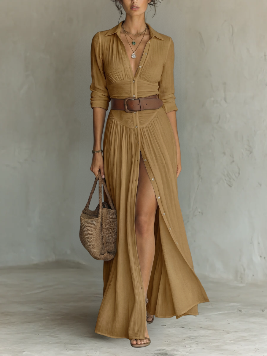 Robe Maxi Col Revers Manches Longues