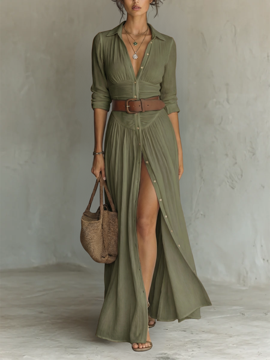 Robe Maxi Col Revers Manches Longues